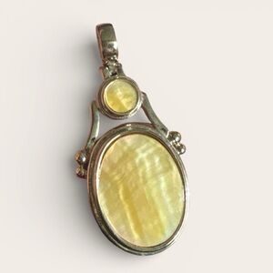 Vintage Sterling Silver Yellow Mother of Pearl Oval Pendant - 2" EUC